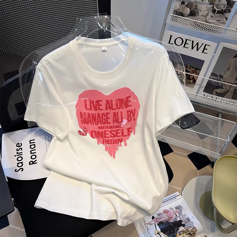 不规则短袖百搭爱心t恤小众印花T恤设计感修身圆领白色通用常规