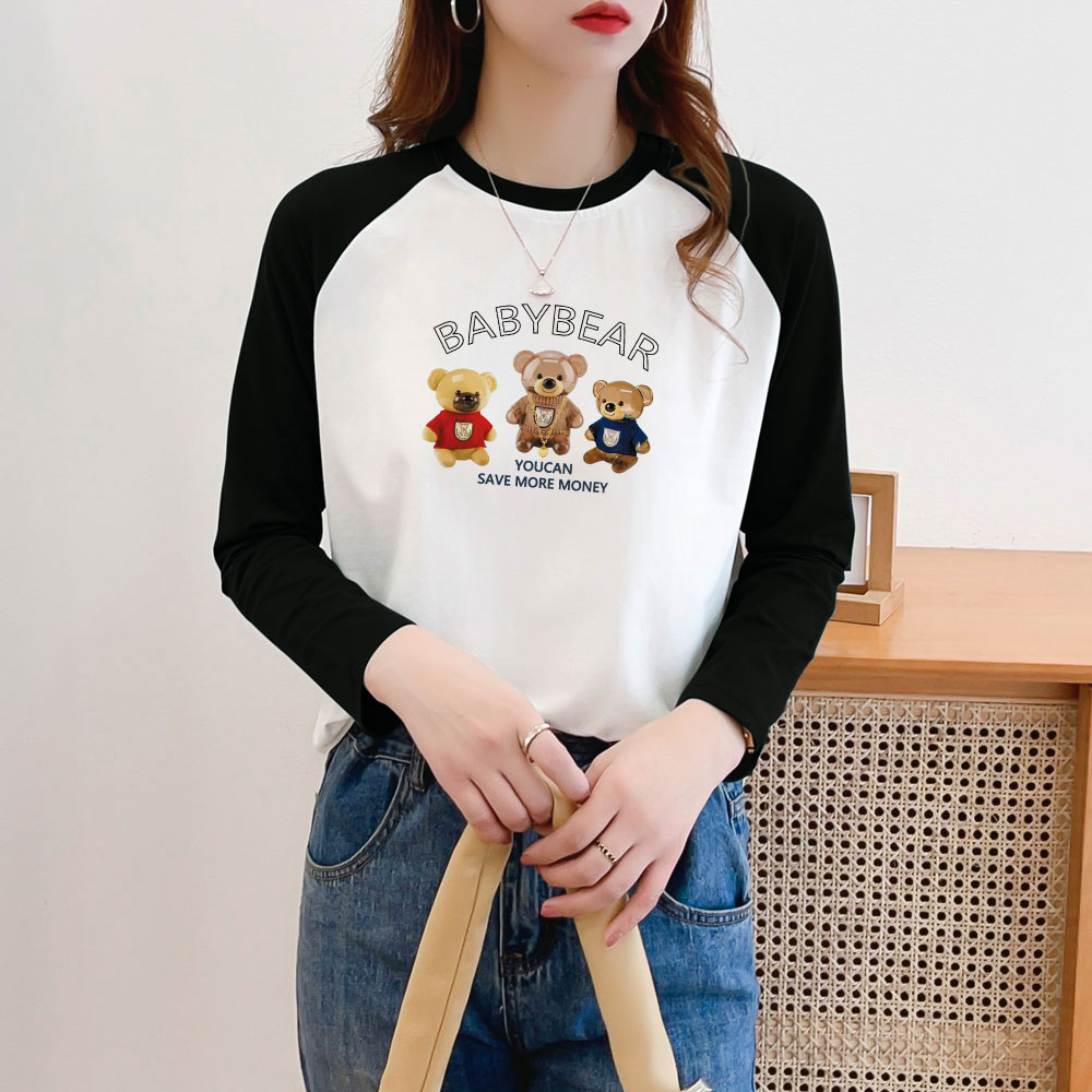M287-三只玩具熊#高支高密冰瓷棉 潮流撞色拼袖插肩长袖打底衫春