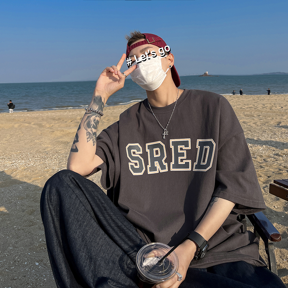 L144#210克纯棉小众短袖T恤男夏季潮牌设计感港风衣服大码宽松