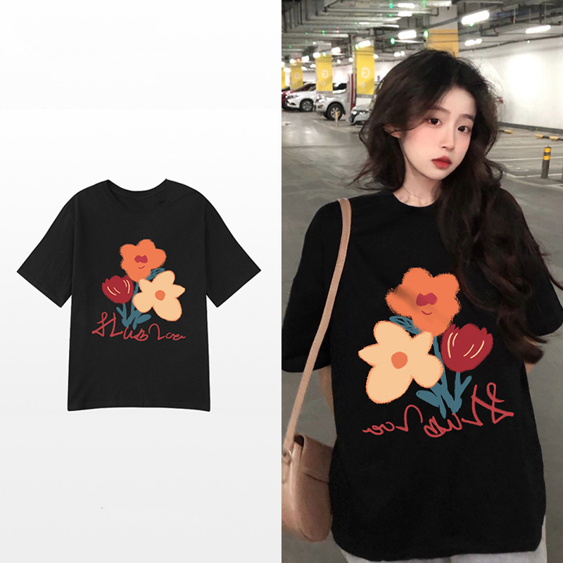 2399#纯棉短袖T恤女夏季新韩版ins潮设计感花朵印花宽松圆领上衣
