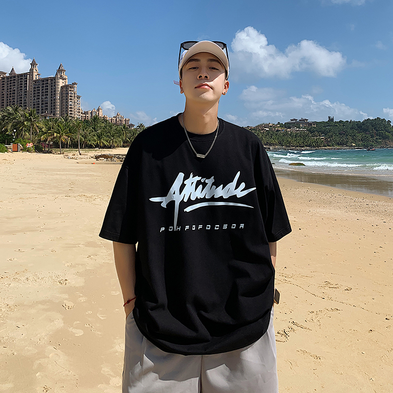 L127#美式复古重磅短袖t恤男夏季ins潮牌印花纯棉高街宽松t恤上衣