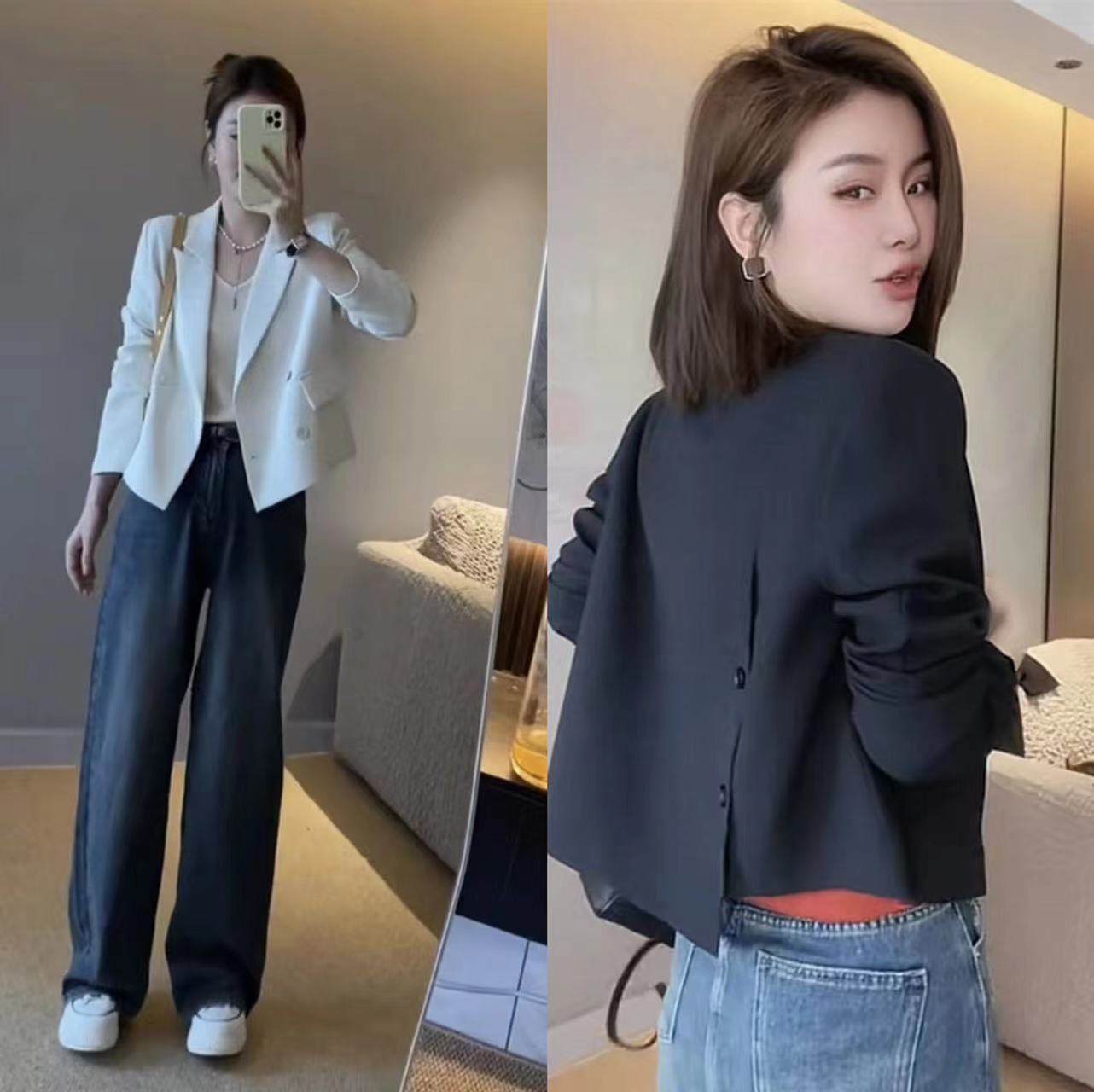 2025春款欧货设计感小个子双排扣短款西装外套女洋气后开叉西服