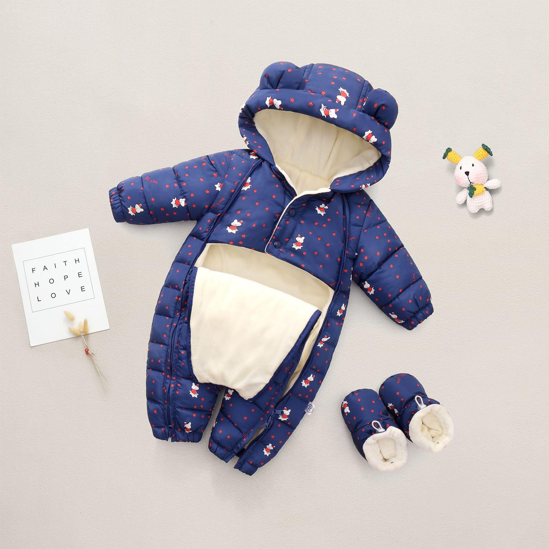 秋冬新款新生儿婴幼儿哈衣爬服宝宝连身衣棉服冬季连帽外套外出服