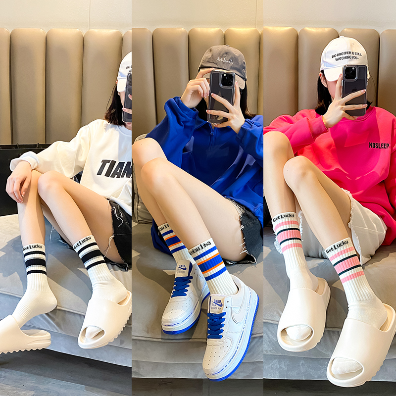 袜子女中筒袜外穿潮棉质秋冬白运动网红新款加厚小腿长袜配鲨鱼裤