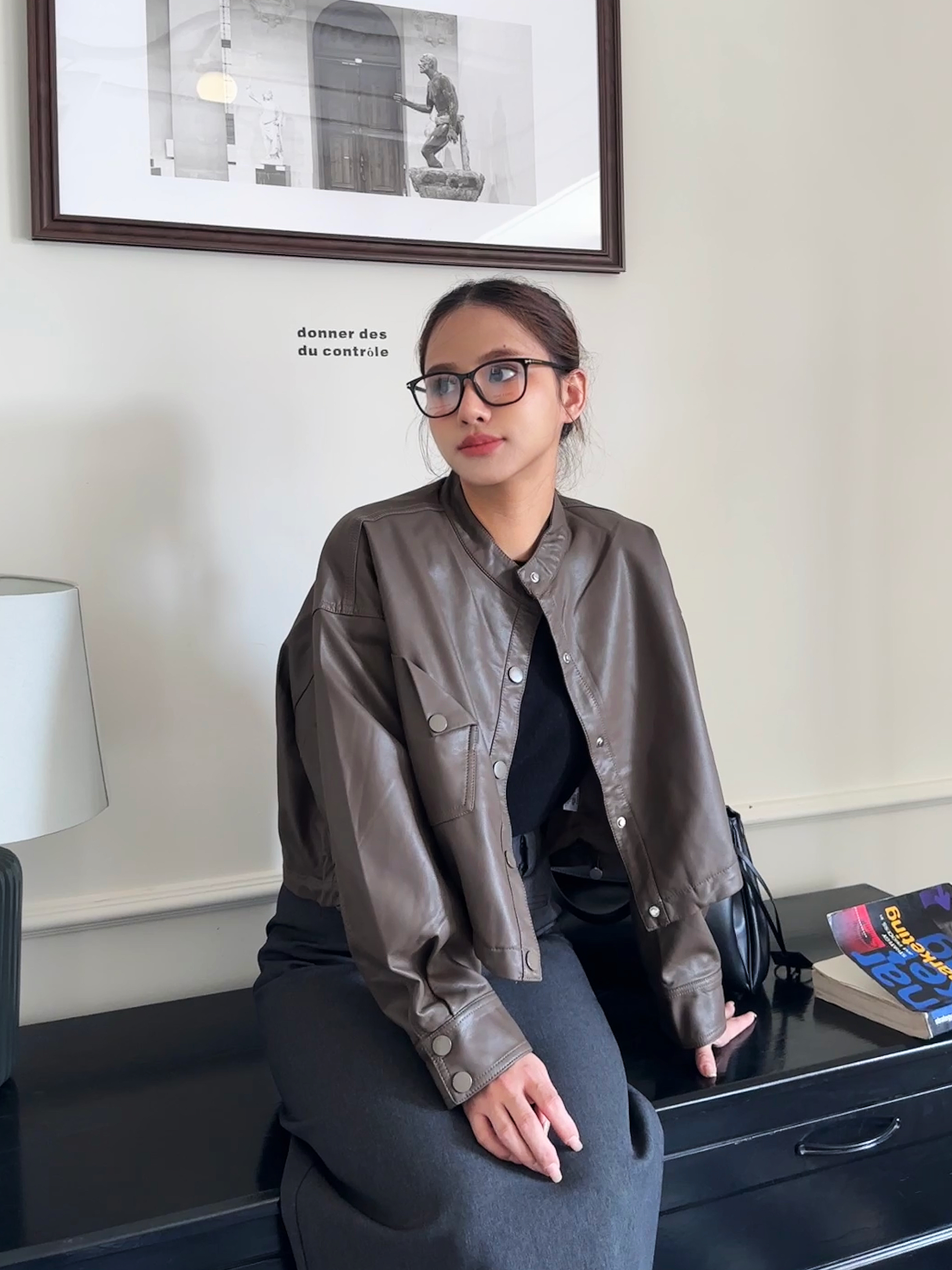 秋冬皮衣外套女宽松休闲高级设计感女士短款圆领皮夹克上衣