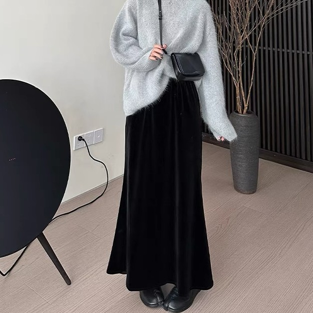 2026年显瘦半身裙丝绒鱼尾裙直筒裙薄款松紧腰鱼尾裙冬季加厚加绒