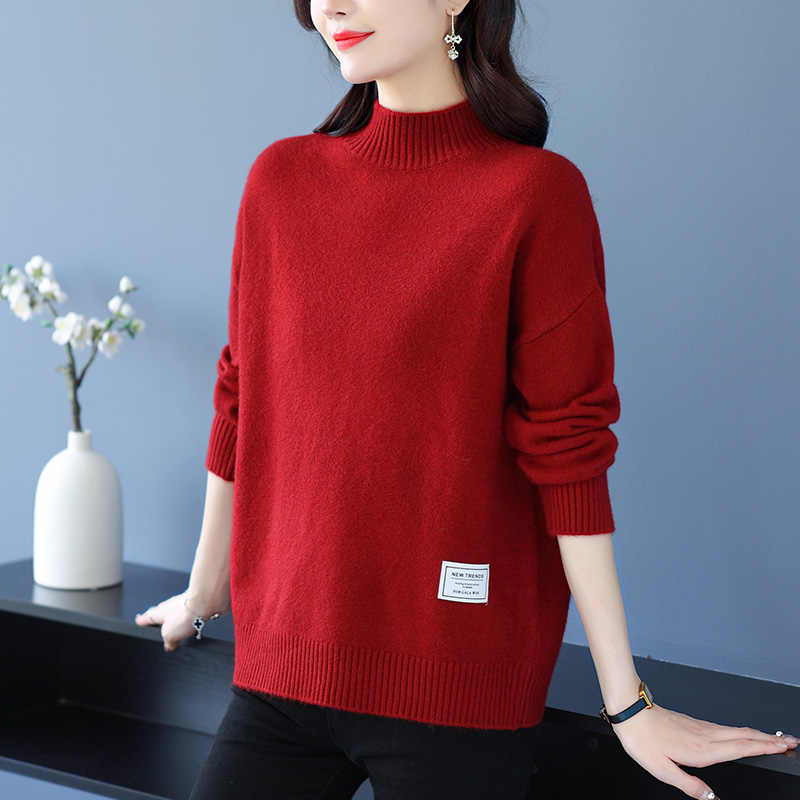 大码打底衫女胖mm秋冬洋气红色毛衣宽松遮肉显瘦内搭半高领针织衫
