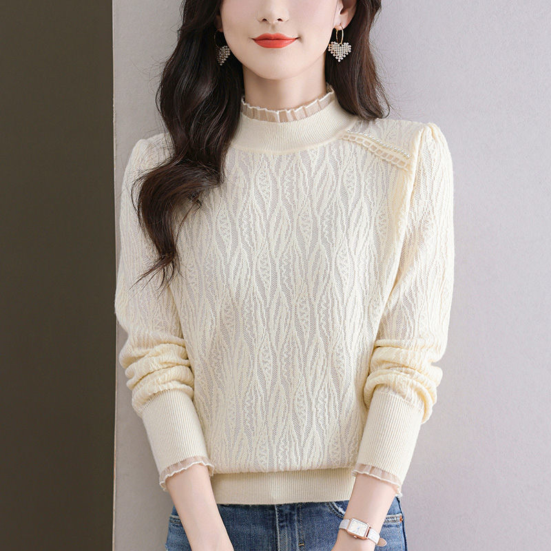 蕾丝木耳边打底衫女春秋洋气上衣针织衫宽松遮肚子显瘦半高领毛衣