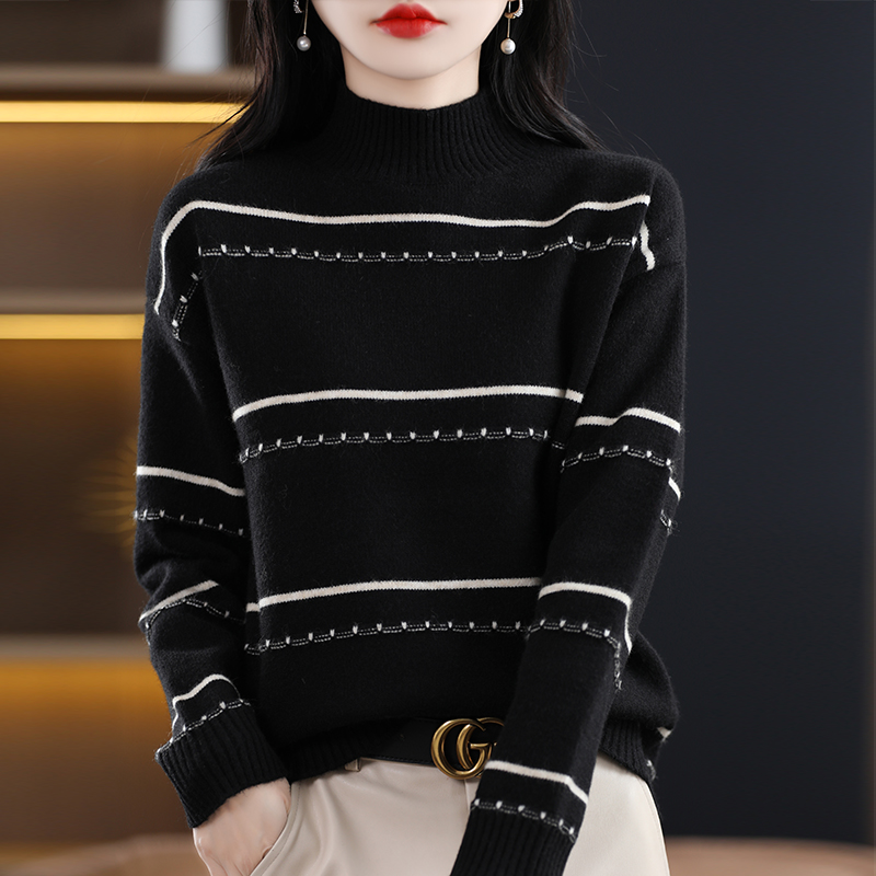 秋冬半高领针织衫女士宽松大码遮肚子毛衣洋气显瘦百搭上衣打底衫