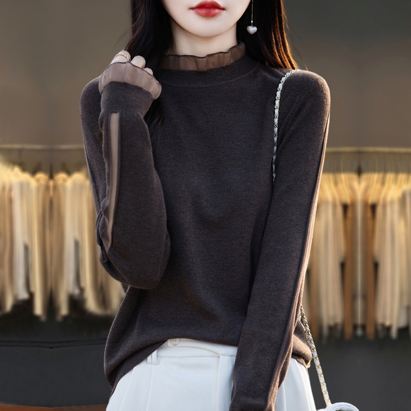 蕾丝打底衫女春秋大码薄款毛衣宽松遮肚子显瘦洋气长袖针织衫上衣