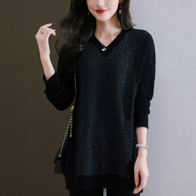 V领打底衫女士秋冬洋气中长款针织衫宽松加肥加大慵懒风时尚毛衣