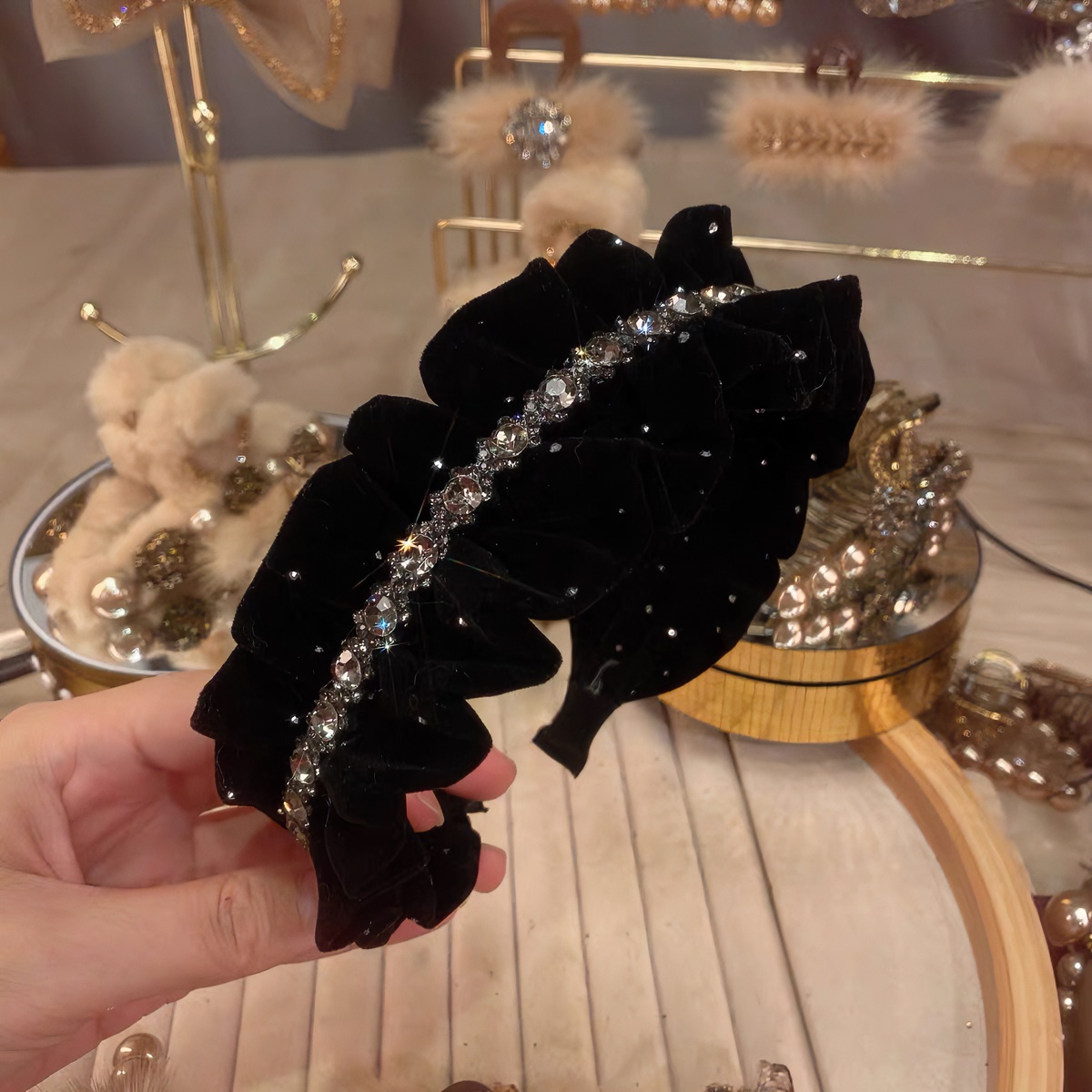 2023秋冬季新款韩版简约高级感简约时尚百搭黑色满天星辰发箍女