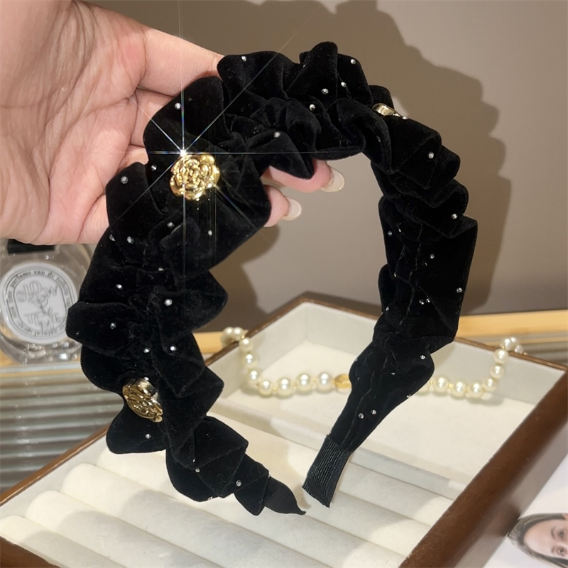 赫本风精致山茶花发箍法式复古丝绒黑色高级感头箍秋冬优雅女A446