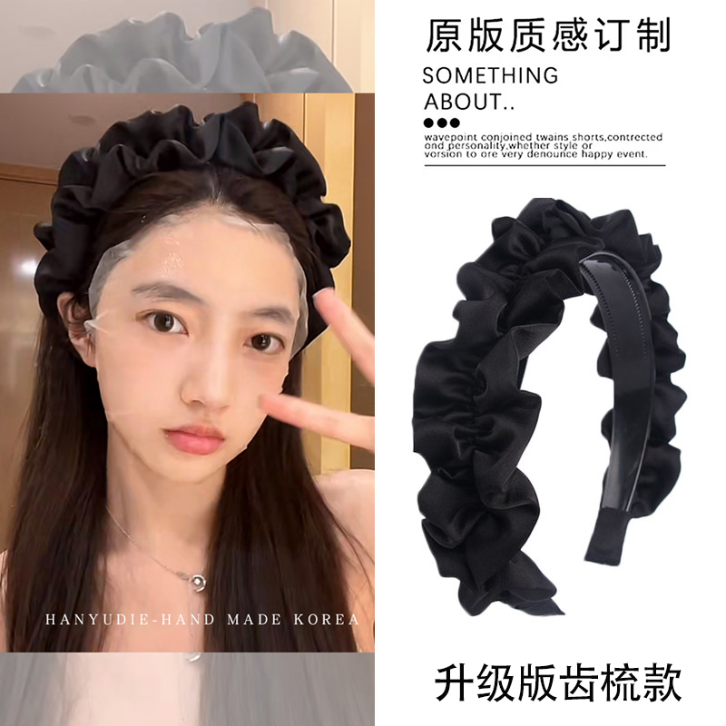 非金属布艺发饰 黑色百搭布艺褶皱洗脸发箍宽边带齿防滑发卡发饰