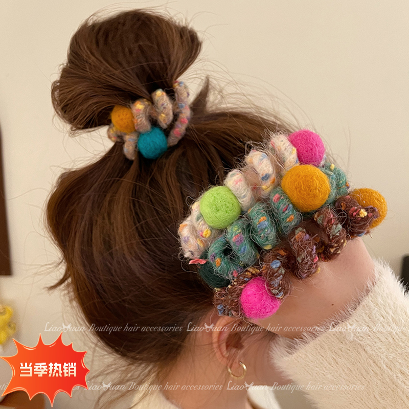 彩虹软糖~秋冬毛线电话线发圈可爱头绳2023新款高端橡皮筋女扎头