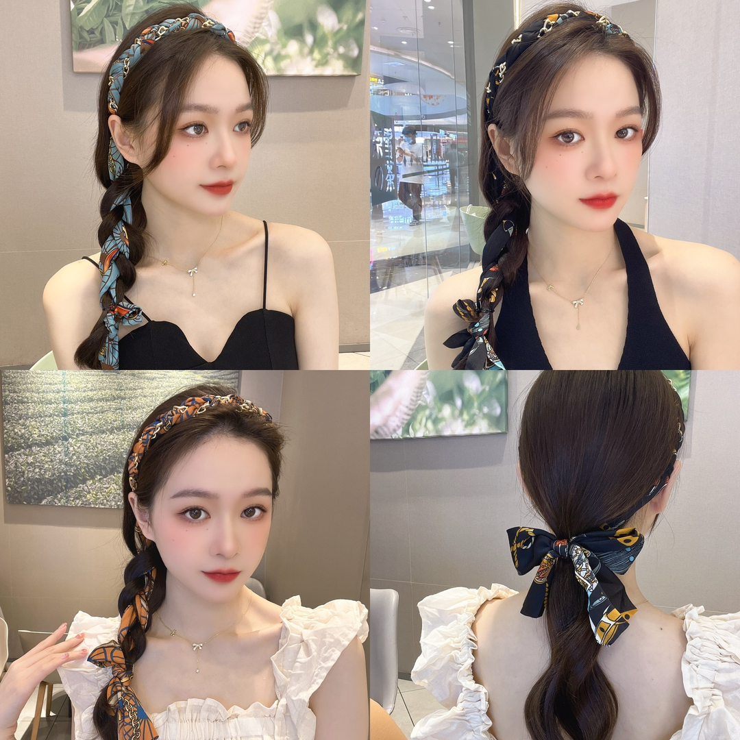 非金属布艺发饰 小香风简约复古链条发箍宫廷缎面布艺百搭发箍女