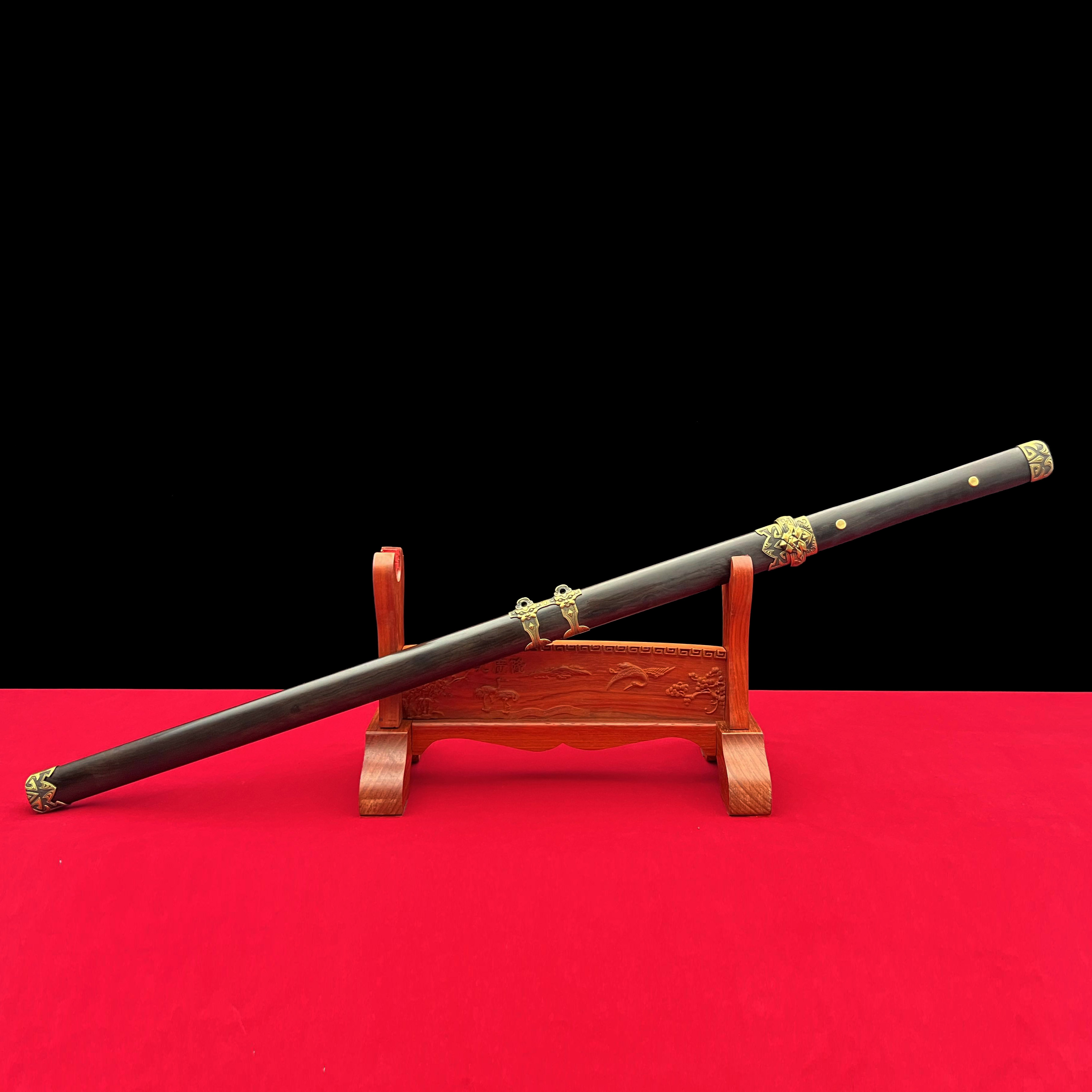 龙泉沈广隆-虎啸唐刀大V 黄铜 黑檀木 花纹钢手工锻打  未开刃