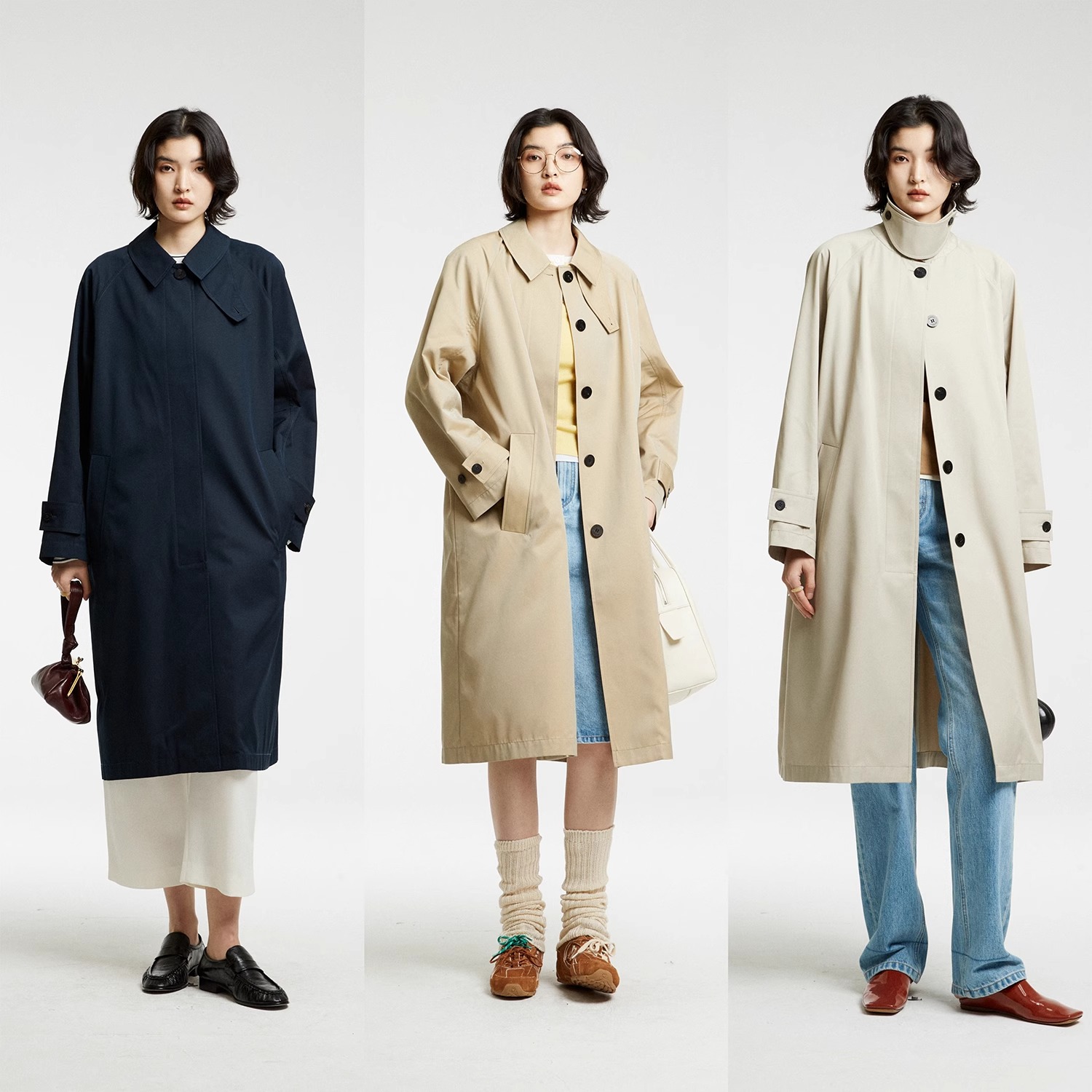 MRS Studios早秋新款经典極简暗门襟单排扣廓形长款休闲外套风衣