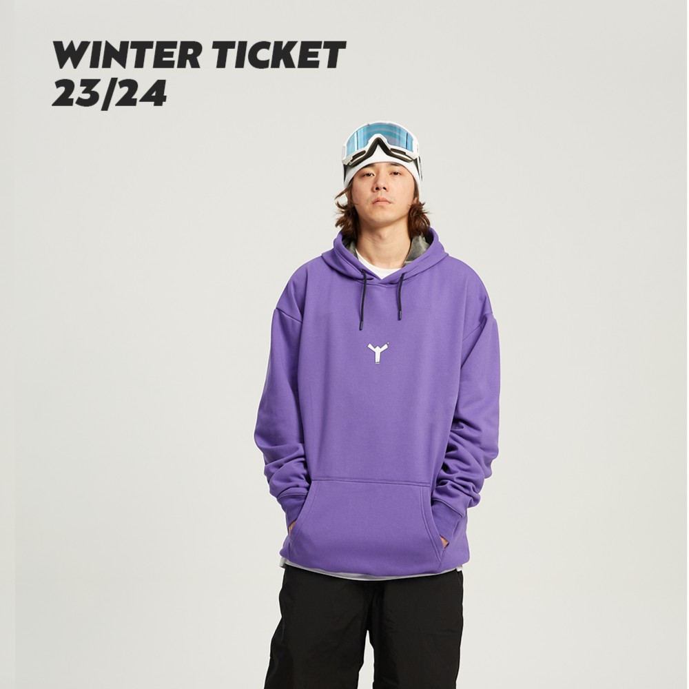 WINTER TICKET防风连帽加绒印花宽松长袖单双板自由式紫色卫衣