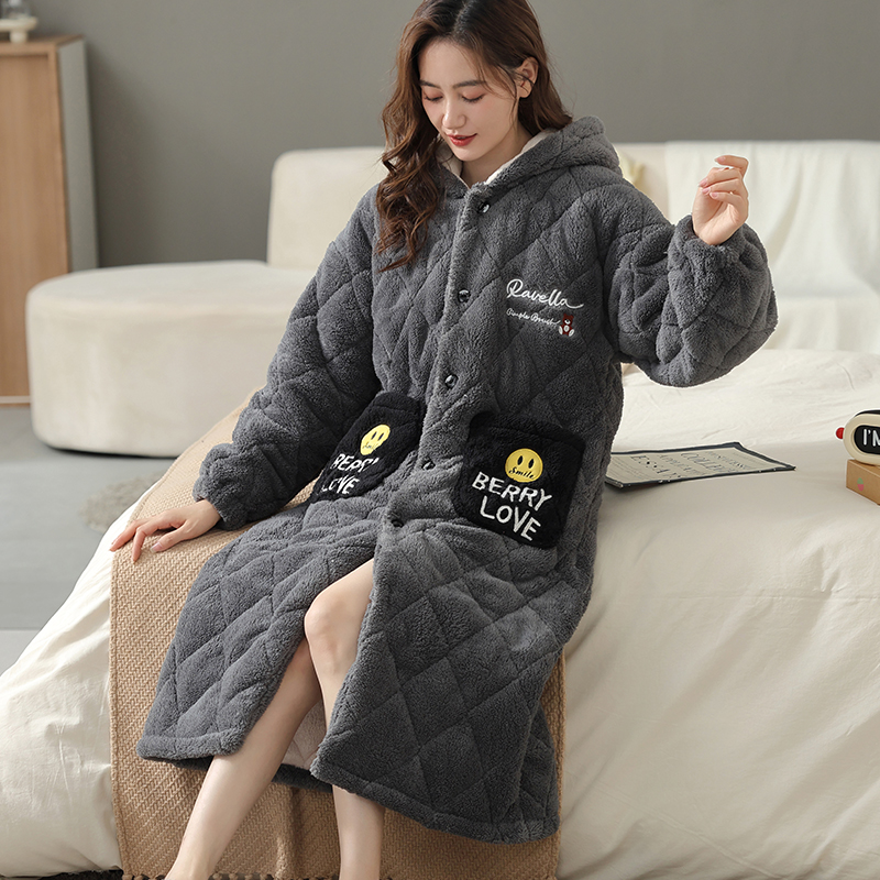 MiiOW/猫人睡衣女秋冬季珊瑚绒三层夹棉加厚冬天女士长款睡袍冬款