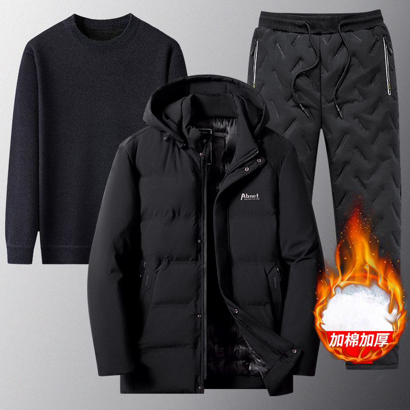 爸爸棉衣冬季棉服男士小棉袄中老年保暖加绒加厚连帽外套防寒套装