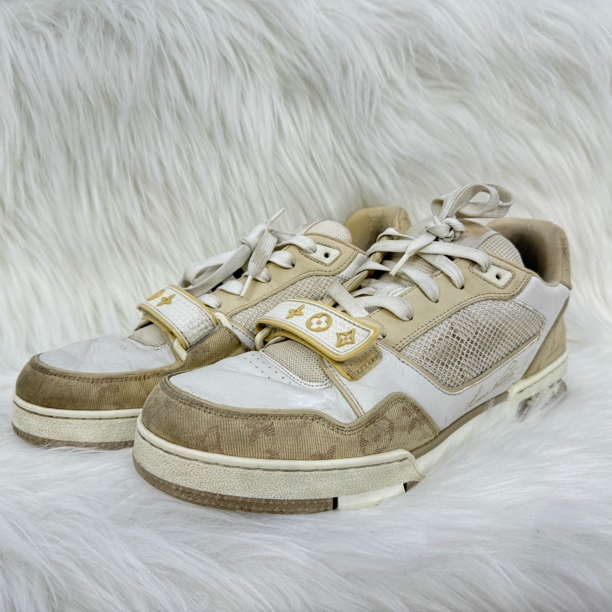 95新 LouisVuitton/路易威登 trainer白粽奶茶色魔术贴板鞋/42码