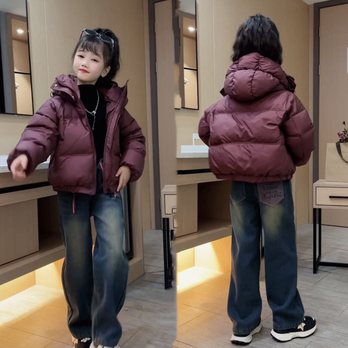 女童冬装短款棉服套装新款洋气儿童时髦女孩加绒牛仔裤潮