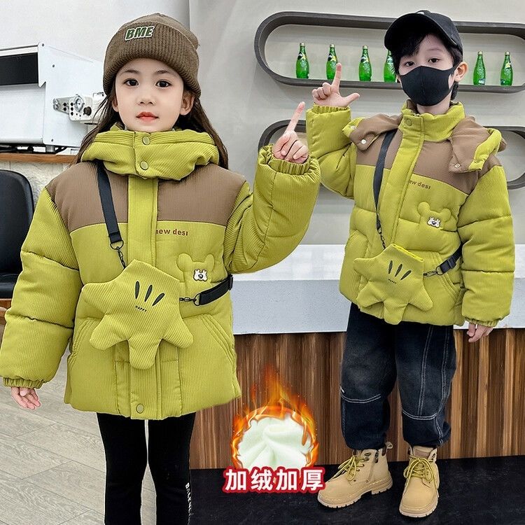 女童棉衣2023冬季新款男孩条绒加绒加厚棉服外套儿童宝宝拼色棉袄