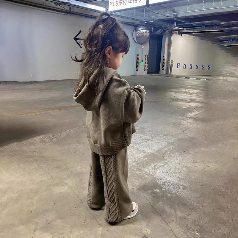 女童套装春秋季韩版女童休闲毛衣套装儿童百搭连帽针织外套两件套