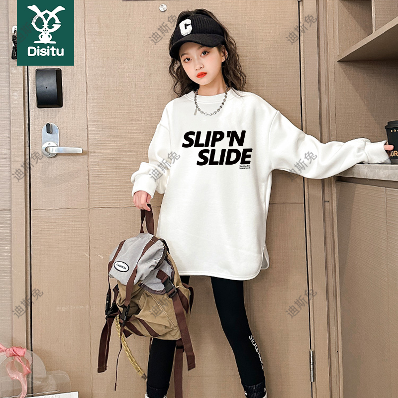 春秋纯棉女童小女孩冬装加绒打底衫白色薄款中长款长袖T恤中大童