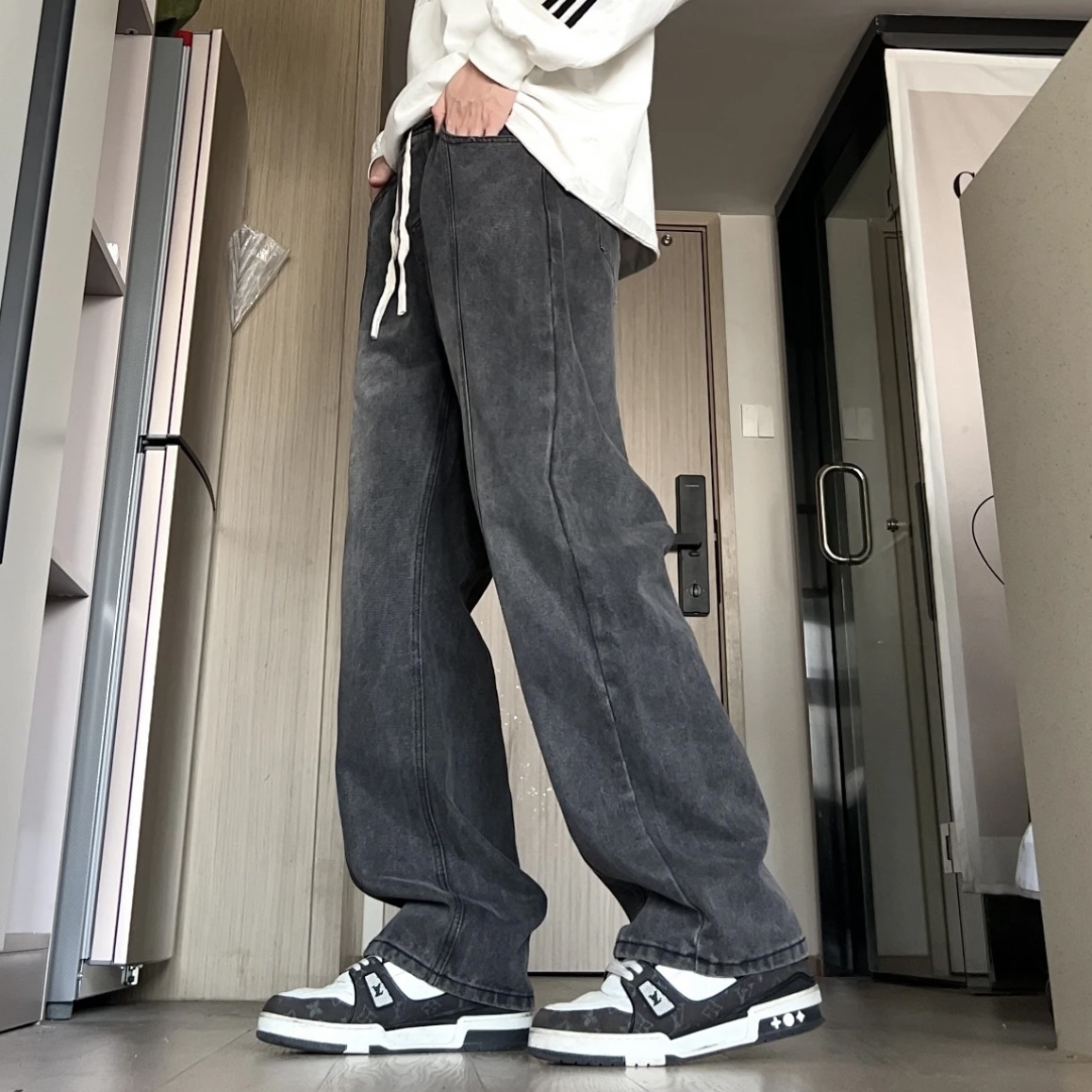 HN潮牌-美式复古水洗做旧设计感牛仔裤男女同款宽松直筒老爹裤子