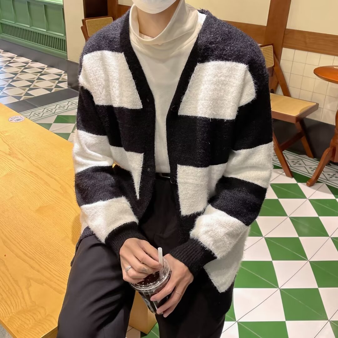 荣祥兴美式高街条纹拼色针织开衫秋冬季时尚休闲宽松V领毛衣外套