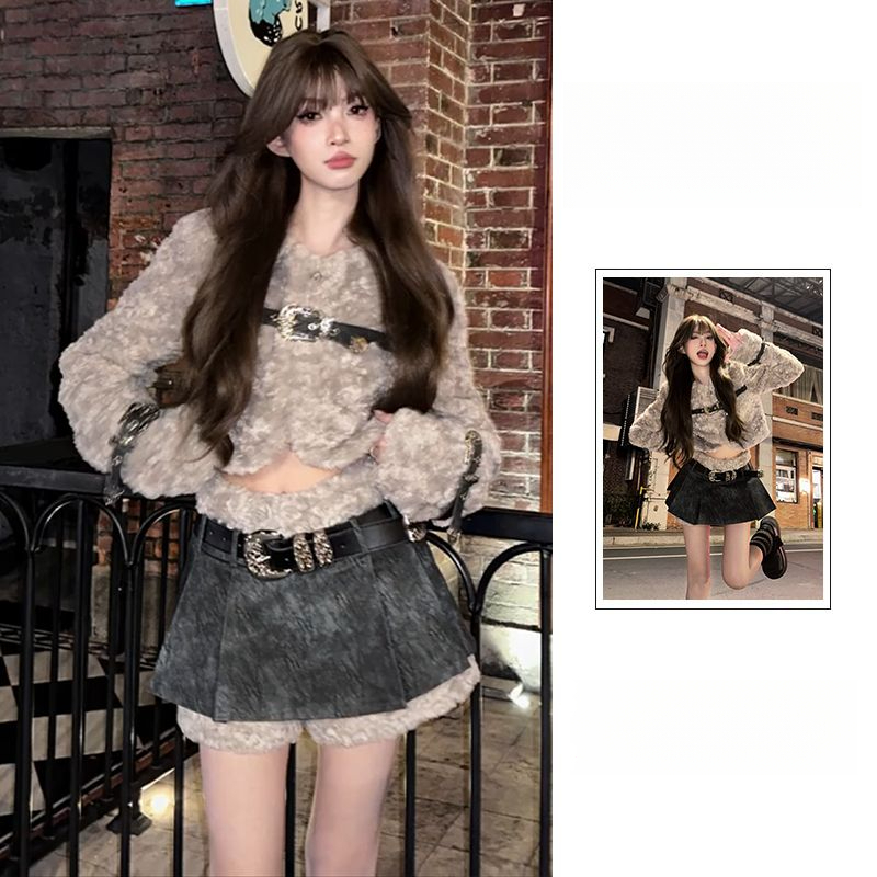 辣妹套装秋冬一整套灰色外套女小众设计感拼接半身裙两件套