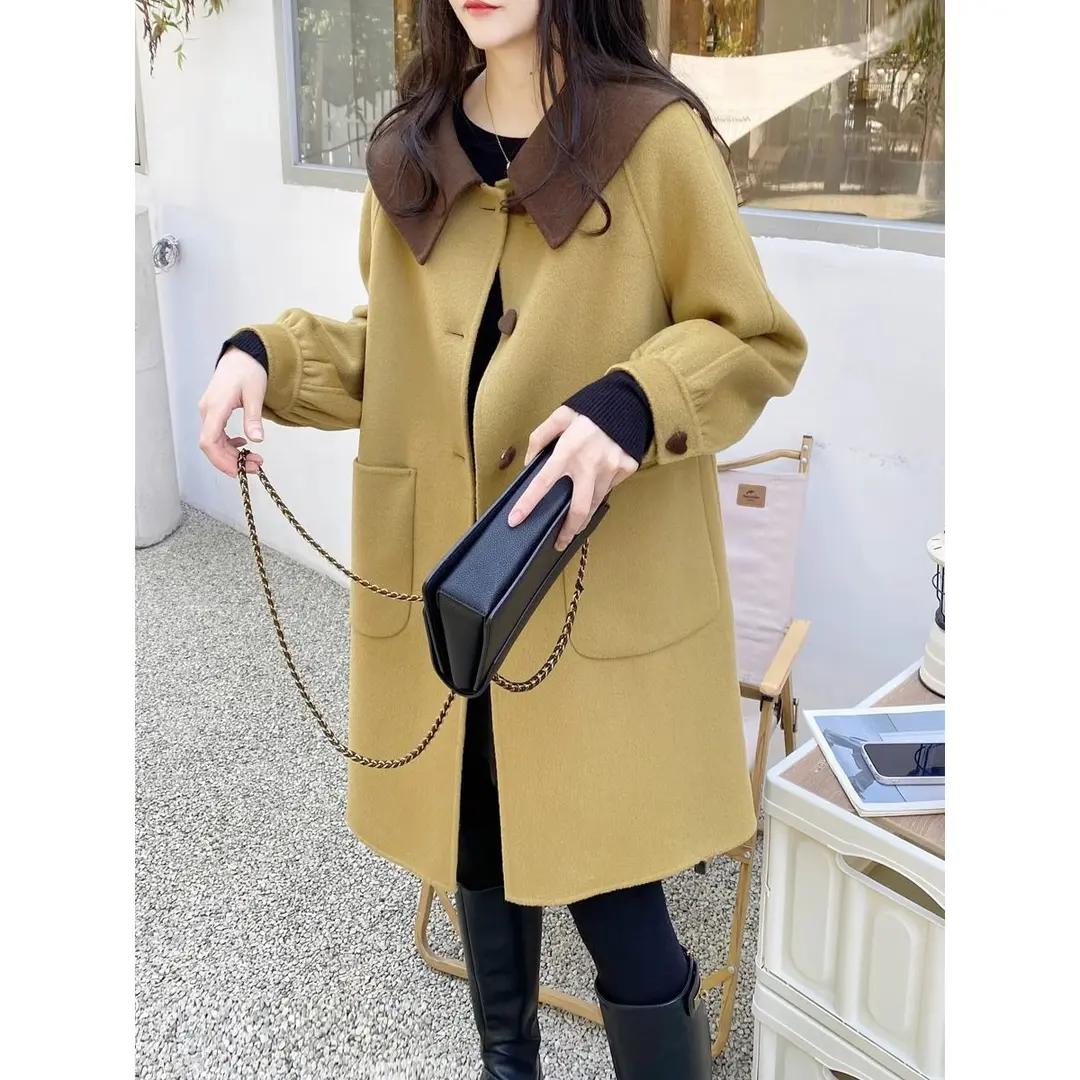 双面绒大衣女2023年新款中长款韩版拼色娃娃领双面呢毛呢外套女潮
