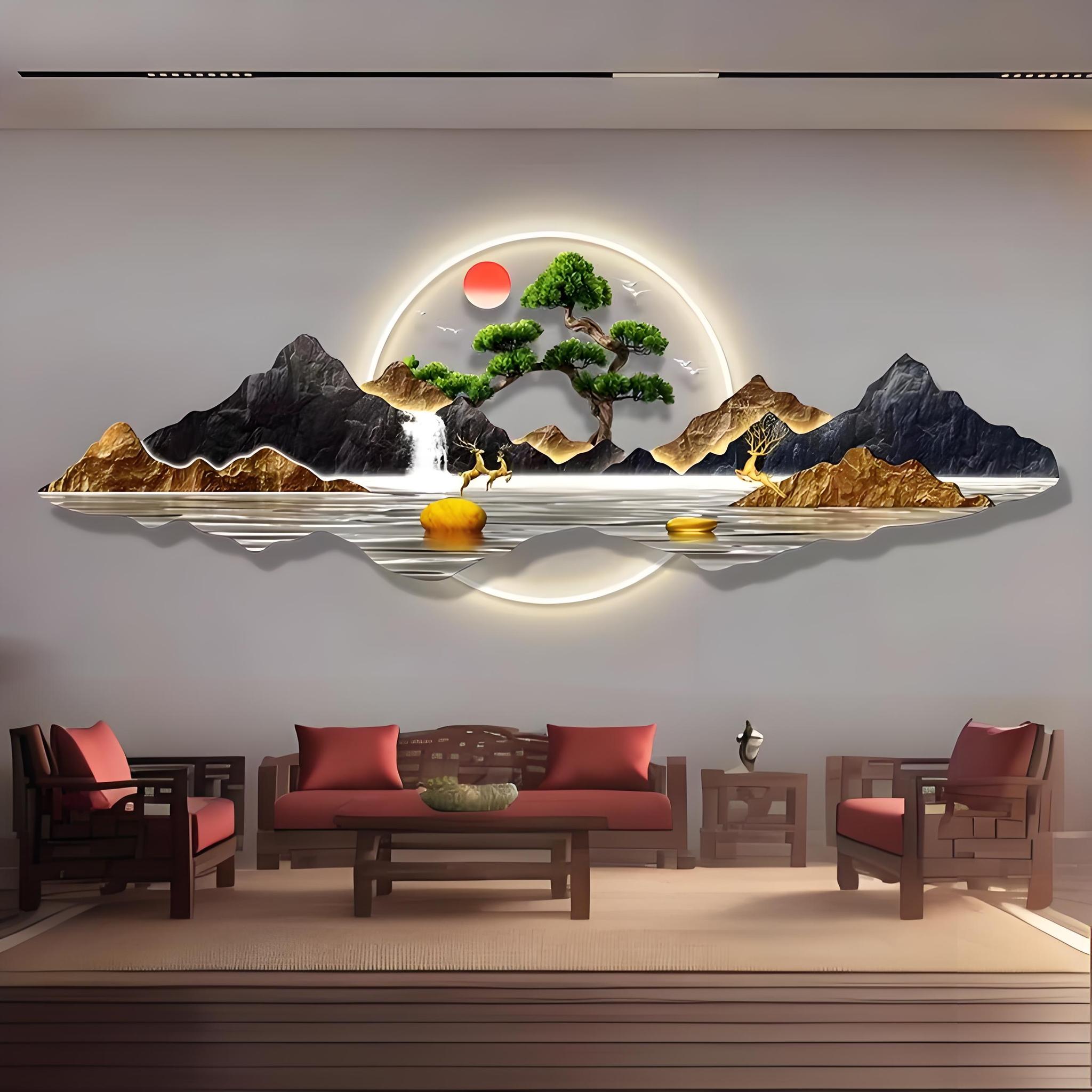 流水生财装饰画日照金山新中式轻奢高级挂画茶室客厅壁画挂图