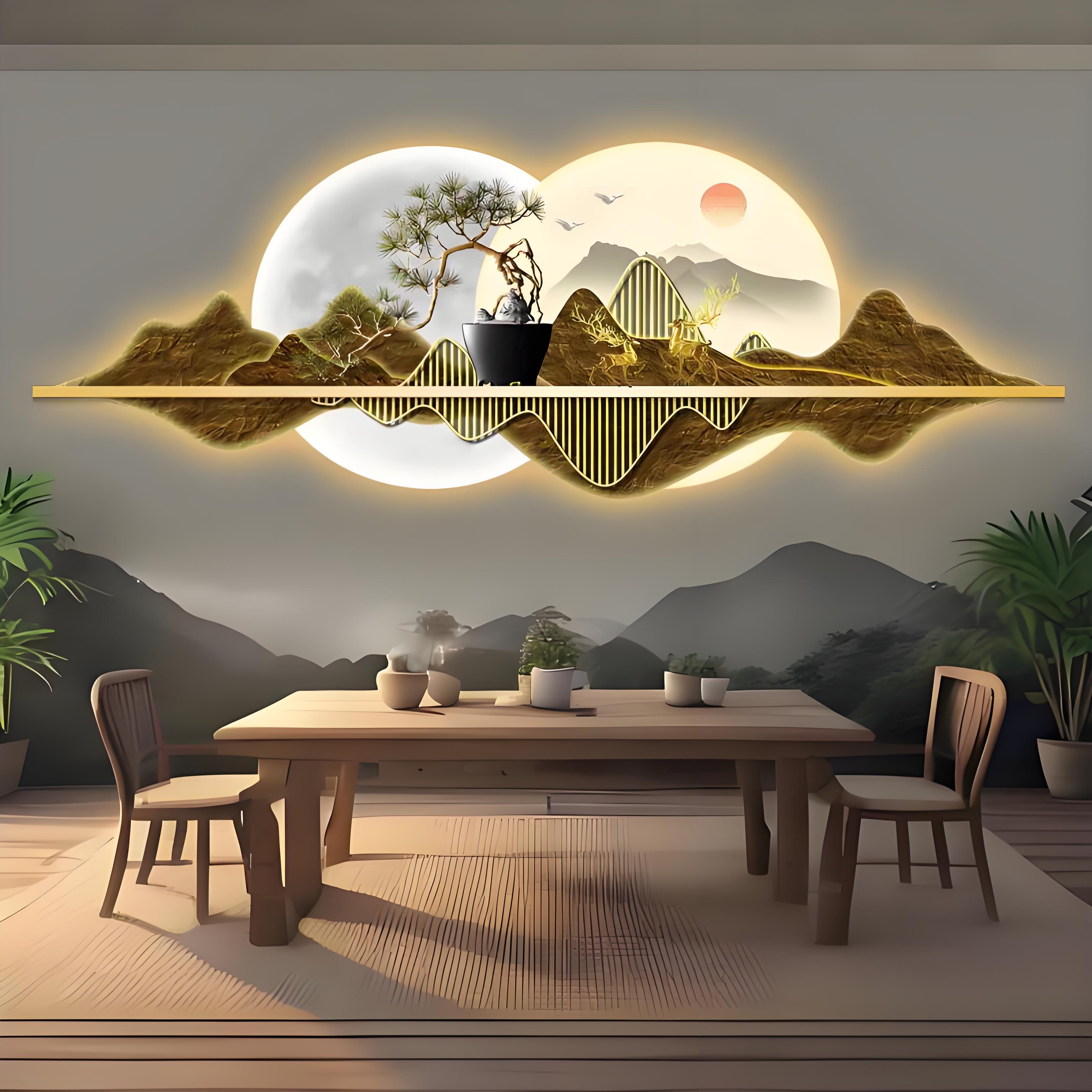 麋鹿中式背景墙装饰画高档客厅轻奢壁画迎客松大气高级感创意挂画