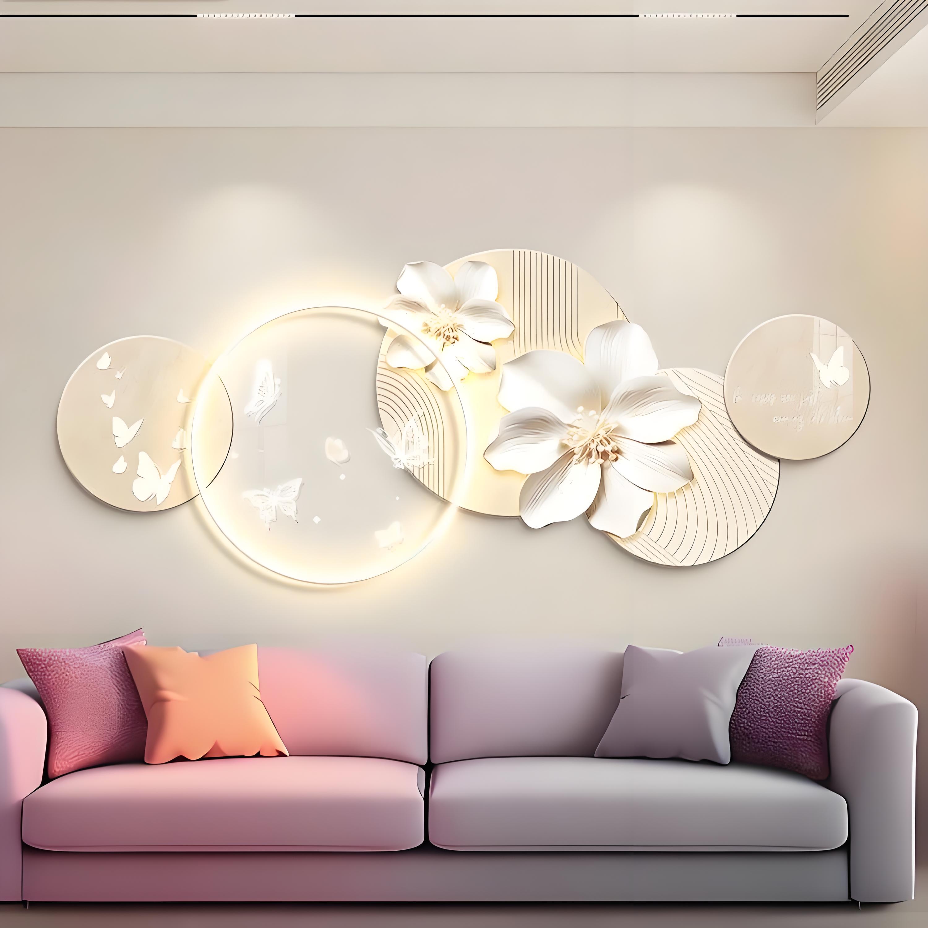 奶油风亚克力横版装饰画客厅卧室背景墙画现代简约轻奢LED灯挂画