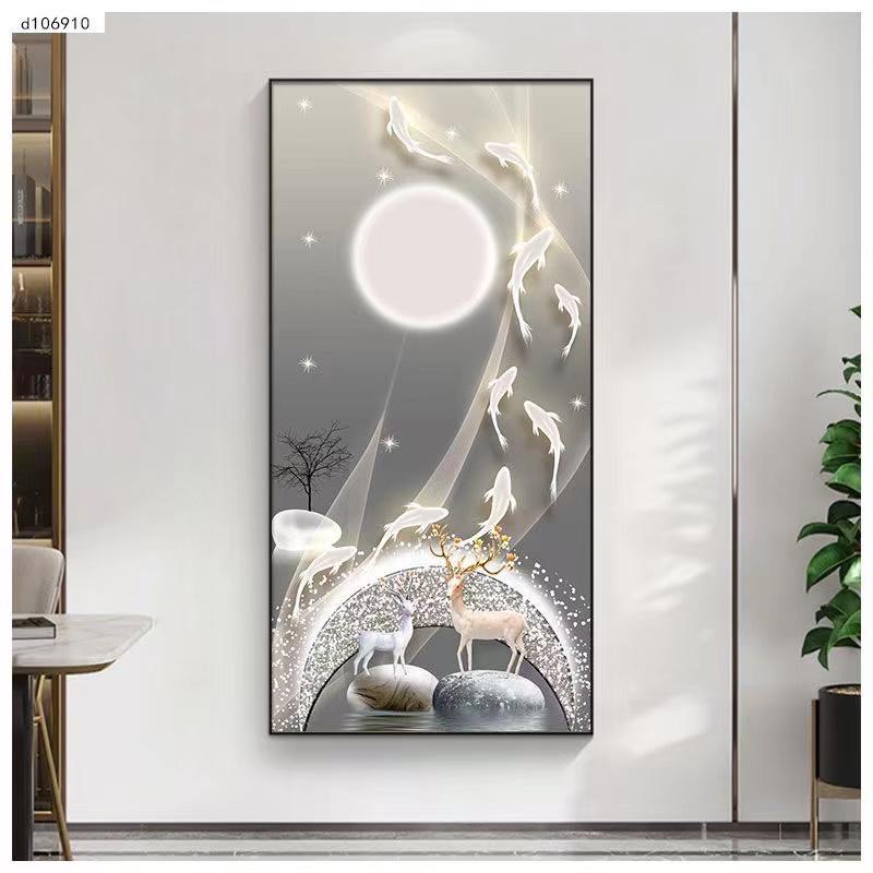 麋鹿九鱼图客厅玄关装饰画走廊过道挂画晶瓷高级感轻奢竖版墙壁画