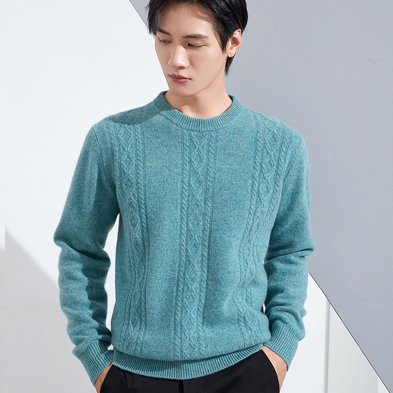 秋冬季男士100%羊毛衫提花加厚休闲长袖针织衫纯色圆领保暖商务