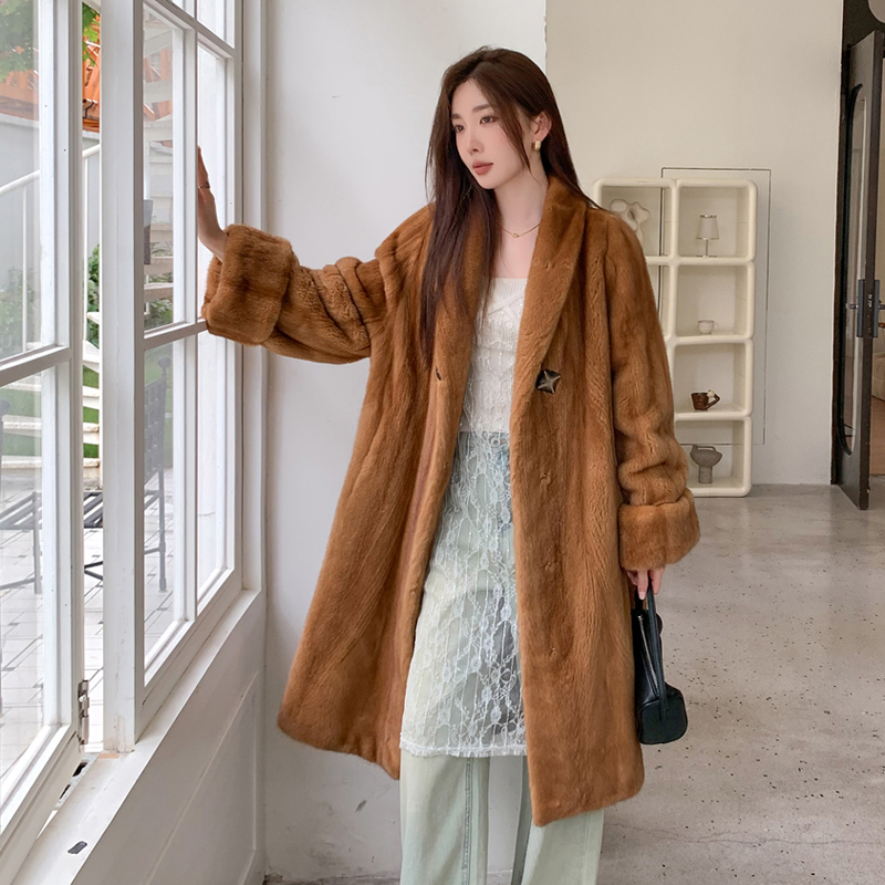 “中古新贵”进口天鹅绒水貂皮草中长款复古风貂皮大衣挽袖ZD72Y024
