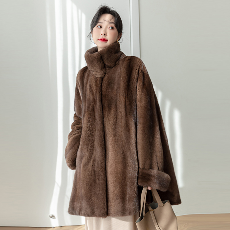 “大斗篷”进口貂皮大衣女整貂中长款立领挽袖豹纹ZD144Y022