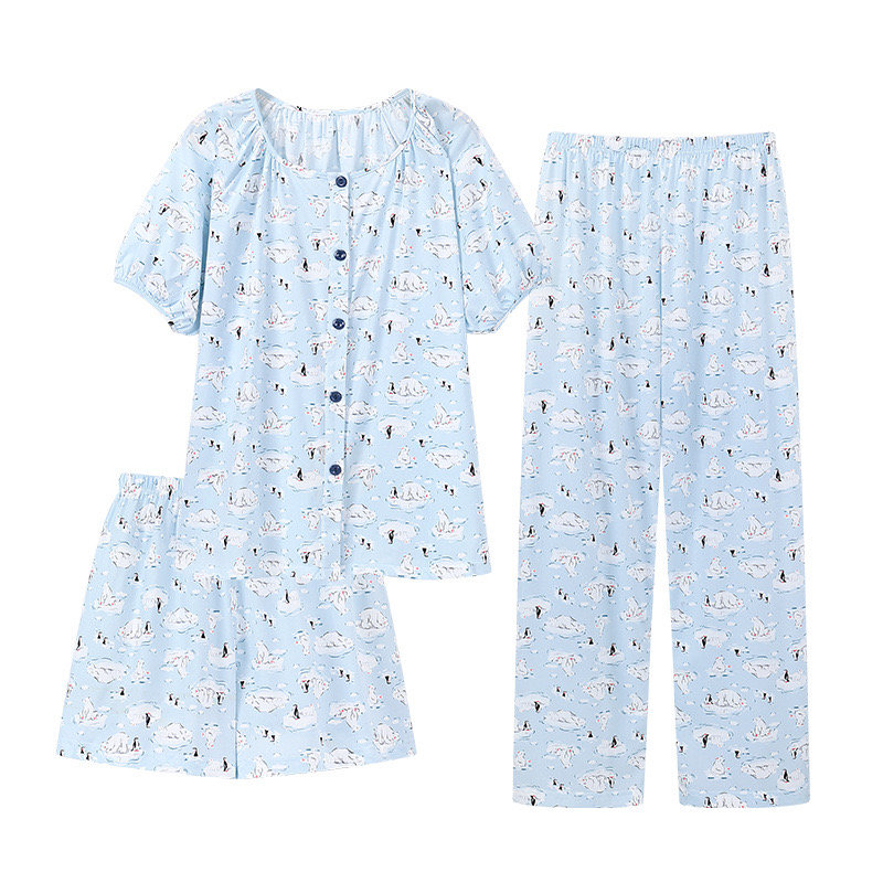 开衫三件套睡衣女士夏季薄款长裤印花短袖仿棉家居服夏天大码短裤