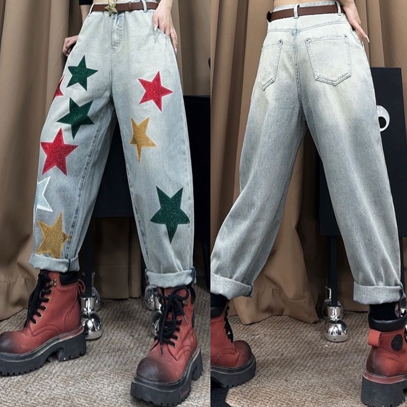 新款韩版休闲牛仔裤夏季宽松百搭薄款五角星印花水洗牛仔裤-812