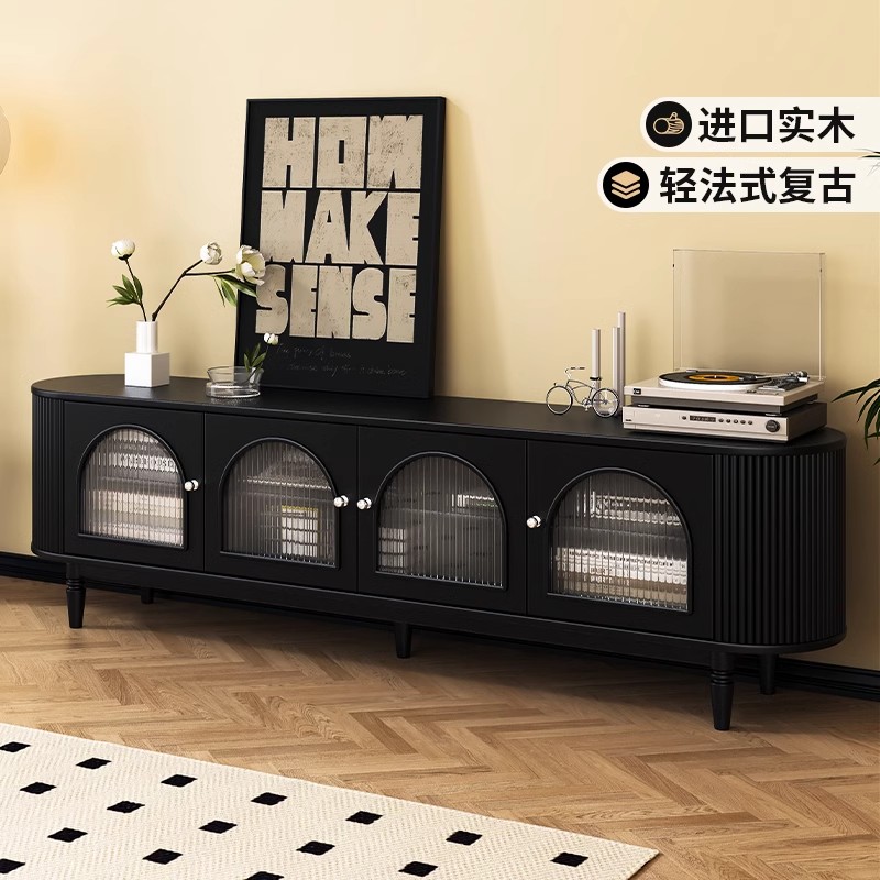 实木电视柜黑色法式复古客厅储物柜现代简约电视机柜高款轻奢