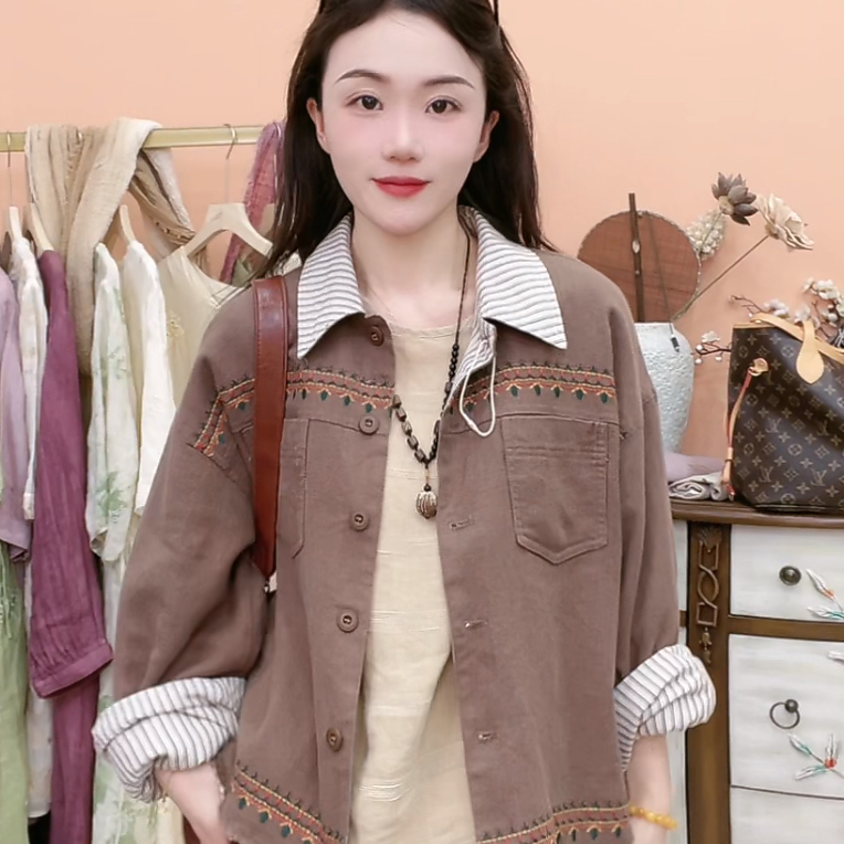 【两面穿】8375亚麻棉双层加厚外套时尚短款百搭休闲牛仔复古秋季