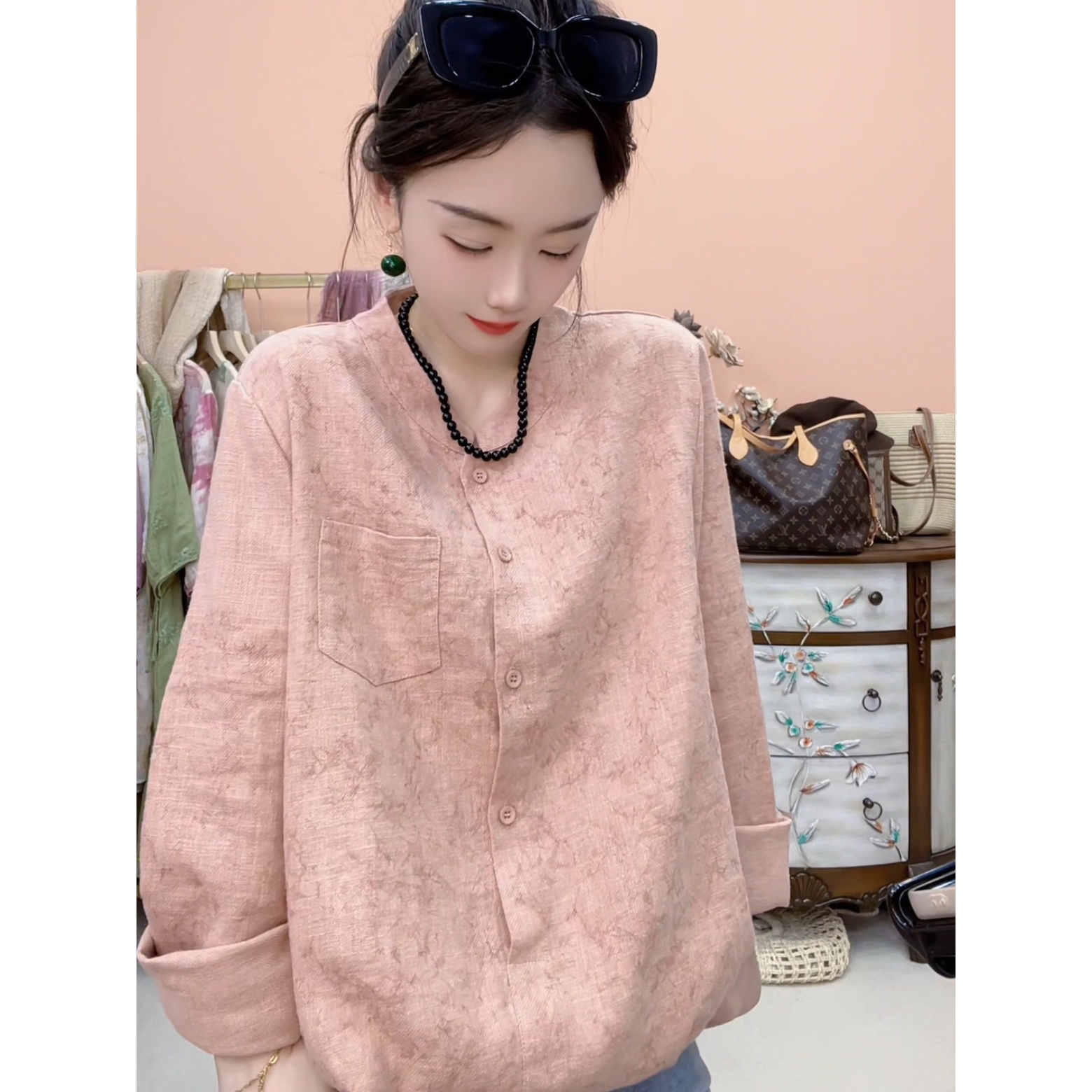 【维揽】2666【美丽芭蕾】苎麻衬衫复古小立领开衫长袖秋款