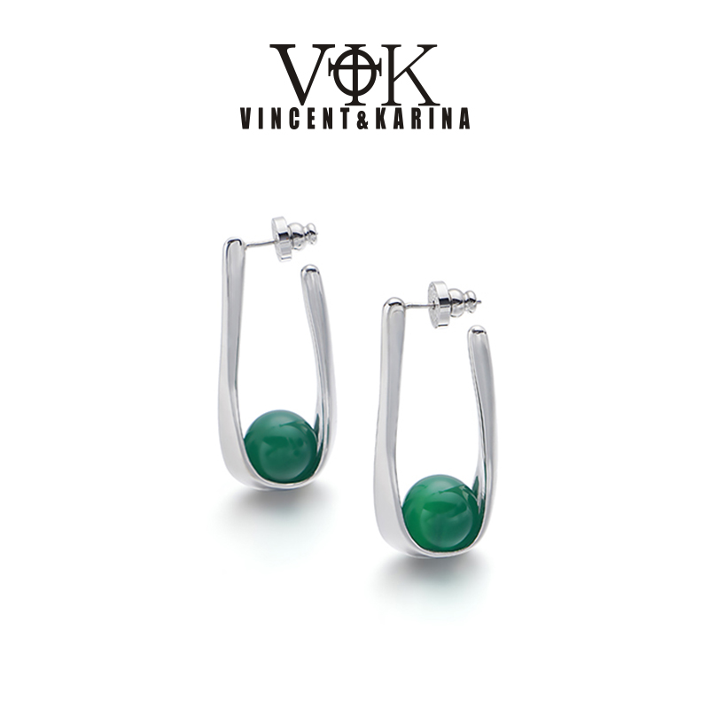 VINCENT&KARINA 铜合金耳饰 【朝露】U形长款修饰脸耳环新中式绿色