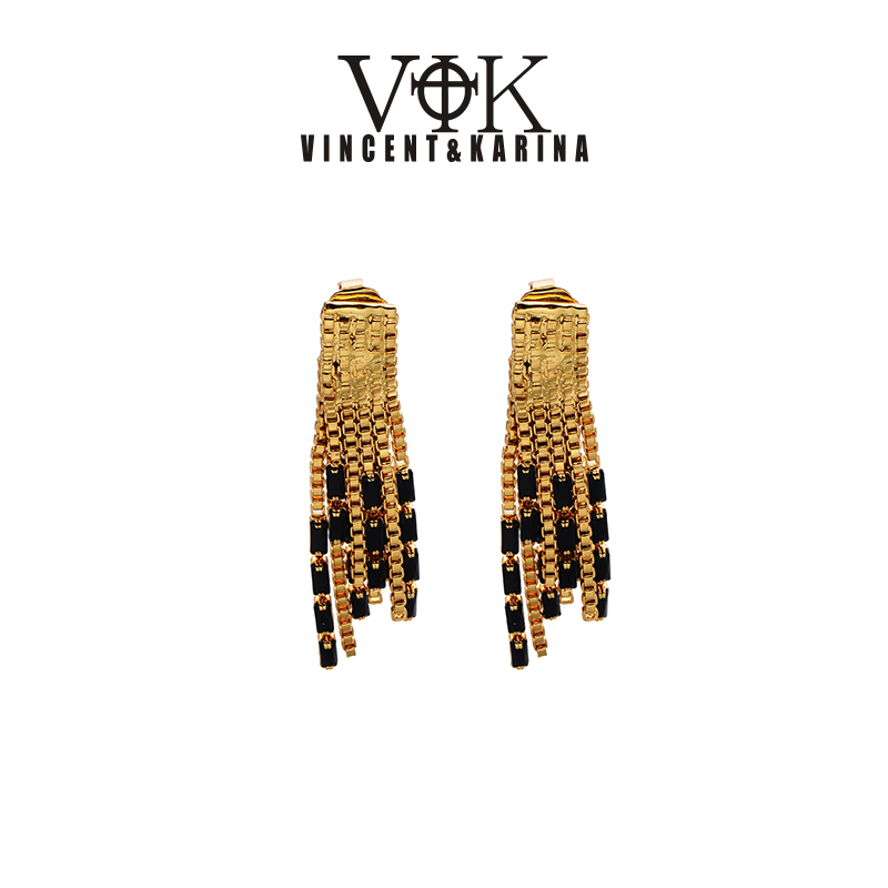 VINCENT&KARINA 铜合金耳饰 【流金岁月】双层黑锆石流苏耳环金色