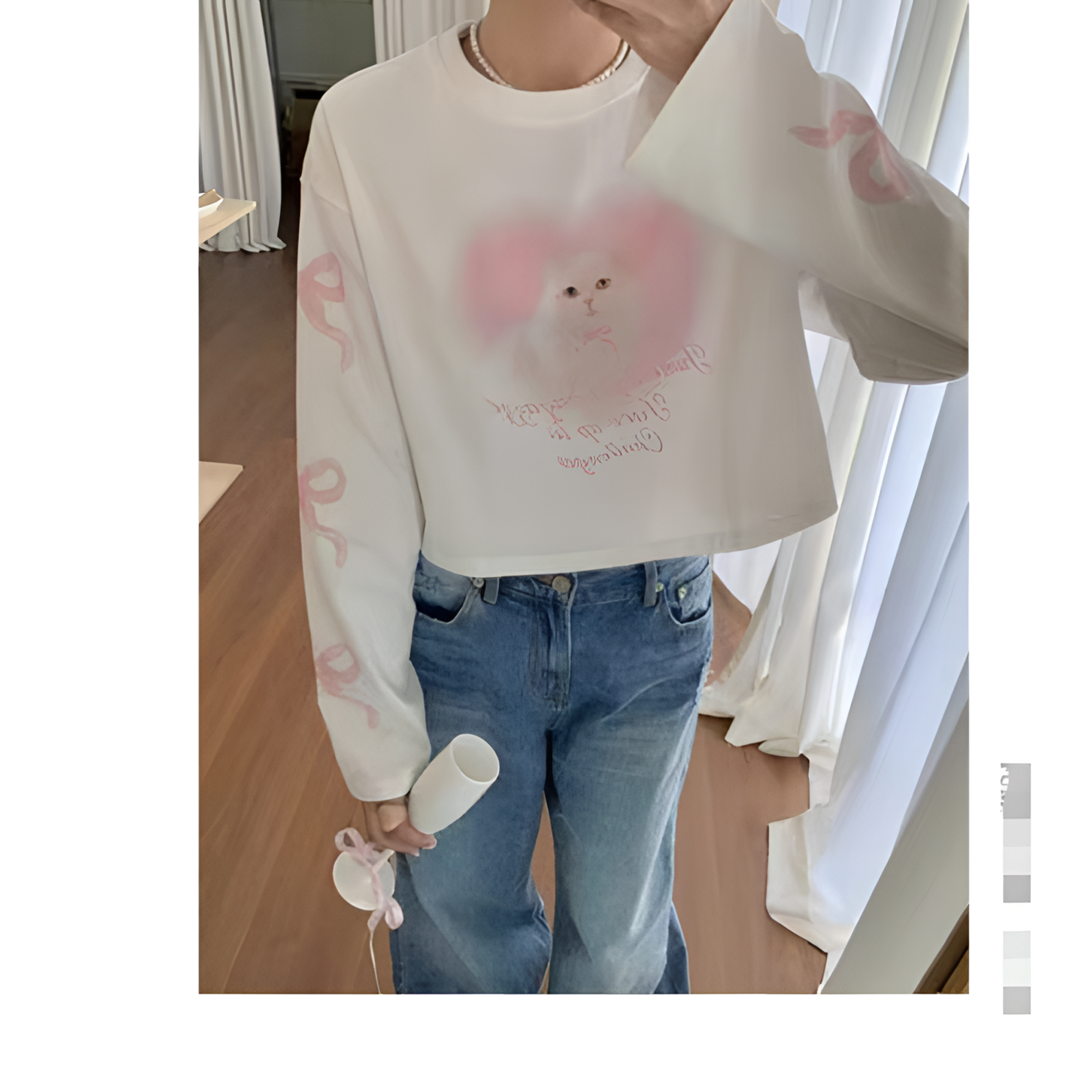 BLX--24春夏新款白茶家小众设计款蝴蝶结猫咪上衣