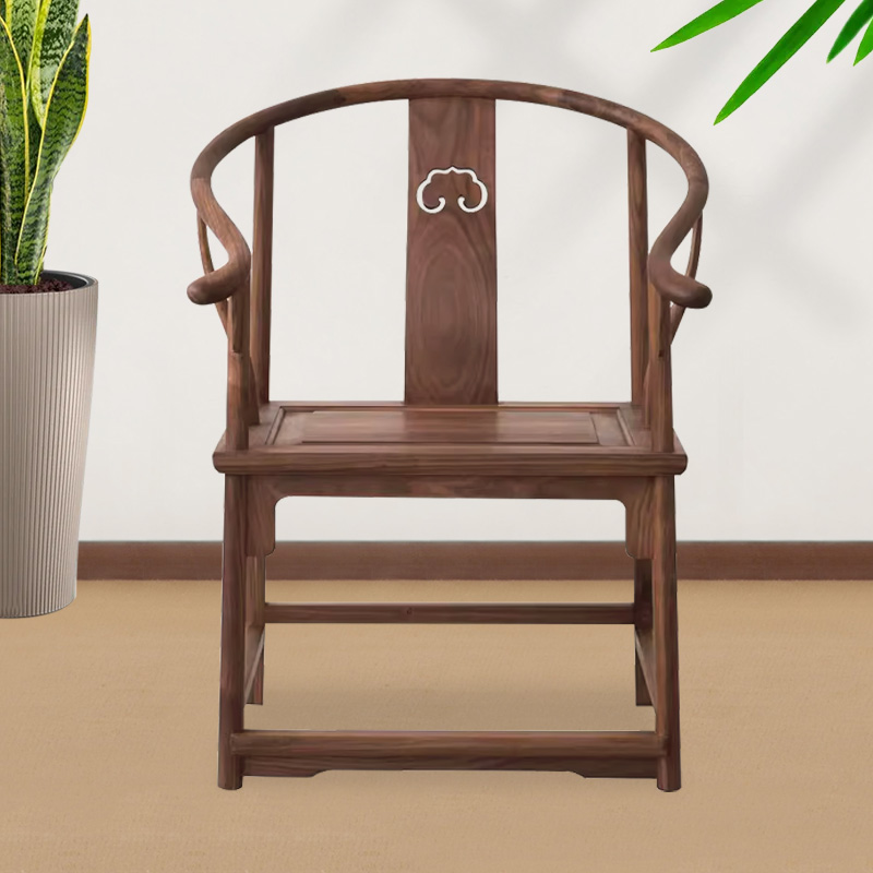 桃心圈椅北方老榆木北美黑胡桃木圈椅主椅家用办公茶桌椅实木椅子